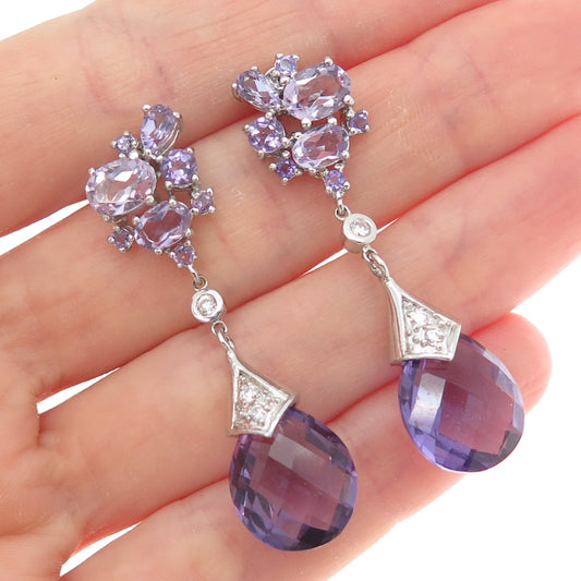 925 Sterling Silver Real Amethyst & White Topaz Dangle Earrings