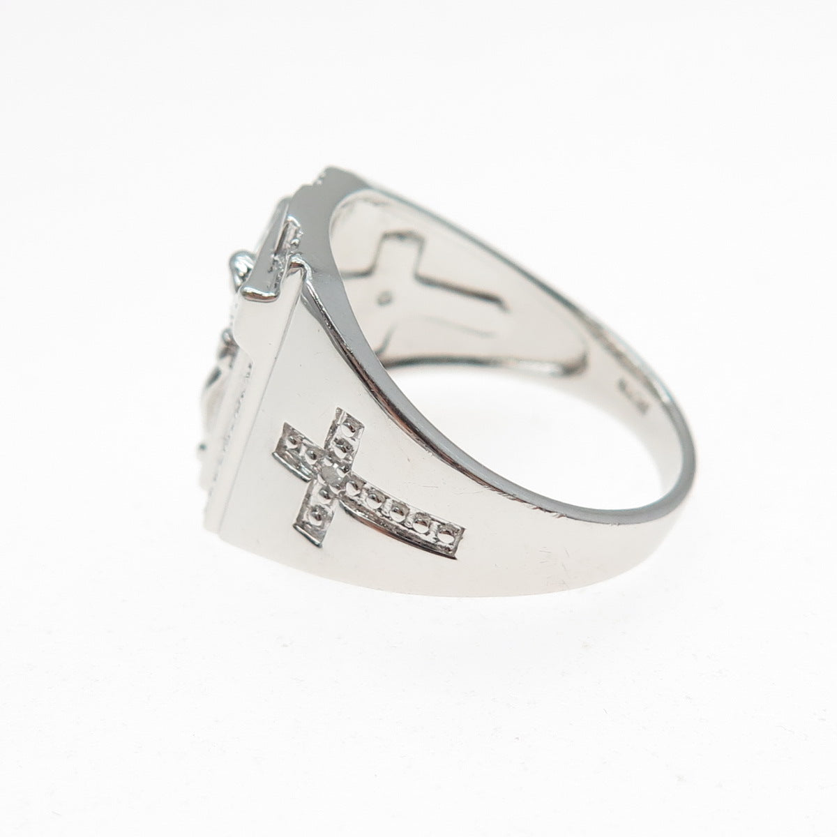 SETA 925 Sterling Silver Real Round-Cut Diamond Crucifix Cross Ring Size 10