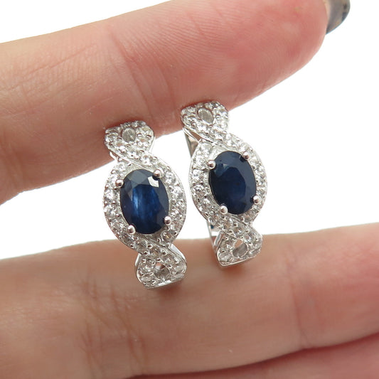 925 Sterling Silver Real White Topaz & Sapphire Gemstone Earrings