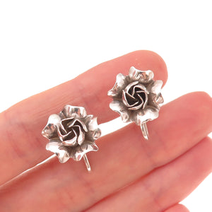 925 Sterling Silver Antique Art Deco Rose Flower Oxidized Screw Back Earrings