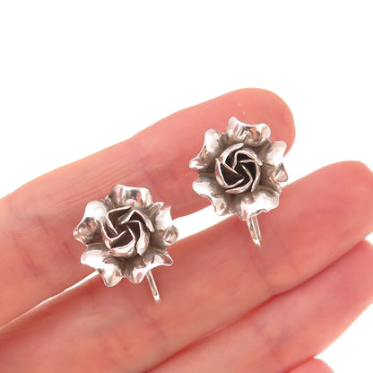 925 Sterling Silver Antique Art Deco Rose Flower Oxidized Screw Back Earrings