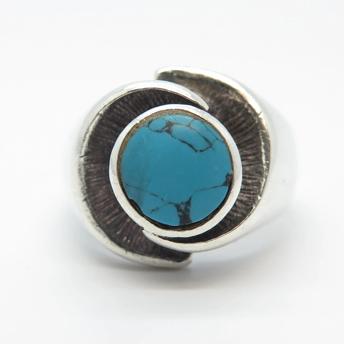 925 Sterling Silver Vintage Real Turquoise Gem Round Ring Size 7.75