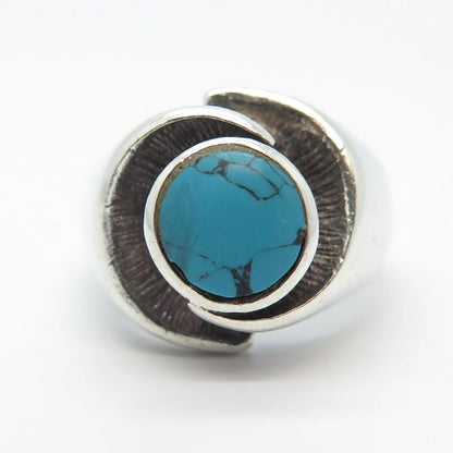 925 Sterling Silver Vintage Real Turquoise Gem Round Ring Size 7.75