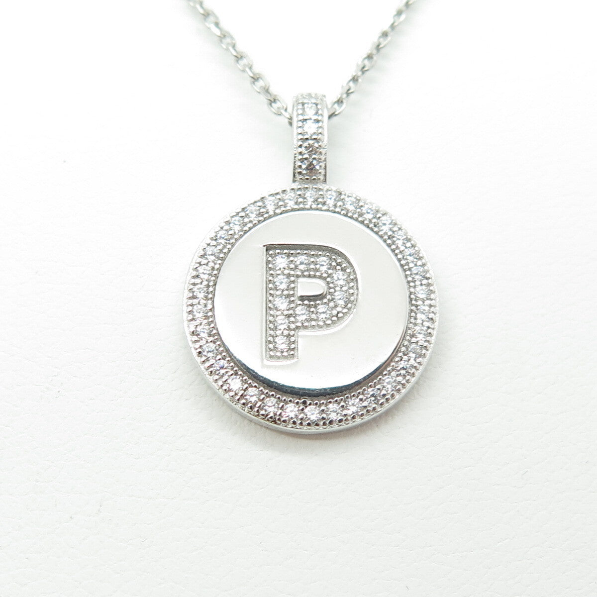 925 Sterling Silver Italy Round-Cut C Z Letter "P" Cable Chain Necklace 16"