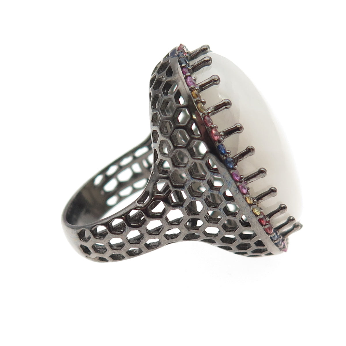 DSMK Sterling Black Rhodium Real Moonstone & Multi-Color Sapphire Ring Size 7.25