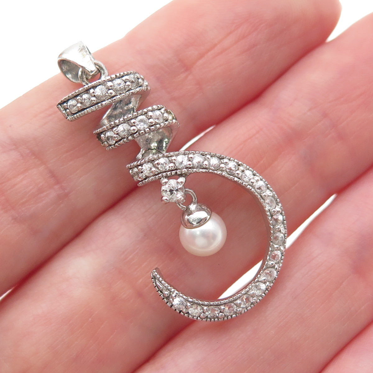 925 Sterling Silver Real Pearl & C Z Twisted Hook Charm Pendant