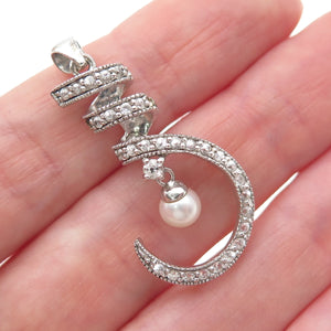 925 Sterling Silver Real Pearl & C Z Twisted Hook Charm Pendant