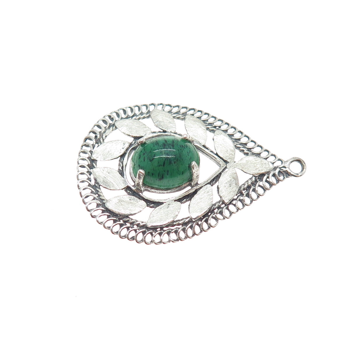 925 Sterling Silver Vintage Green Art Glass Floral Teardrop Charm Pendant