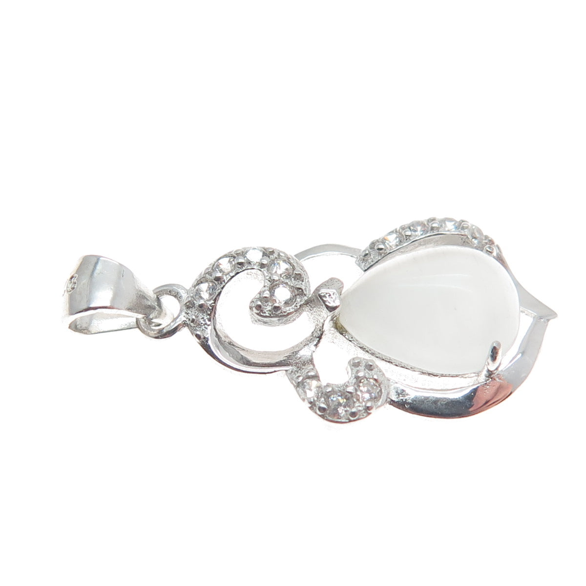 925 Sterling Silver Real Clear Quartz & C Z Ornate Minimalist Charm Pendant