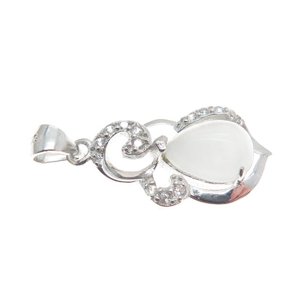 925 Sterling Silver Real Clear Quartz & C Z Ornate Minimalist Charm Pendant