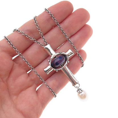 Trollbeads Sterling Silver Vintage Real Pearl & Murano Glass Cross Necklace 36"