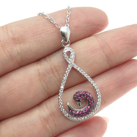 925 Sterling Silver Pink Sapphire Black Spinel C Z Swan Cable Chain Necklace 18"