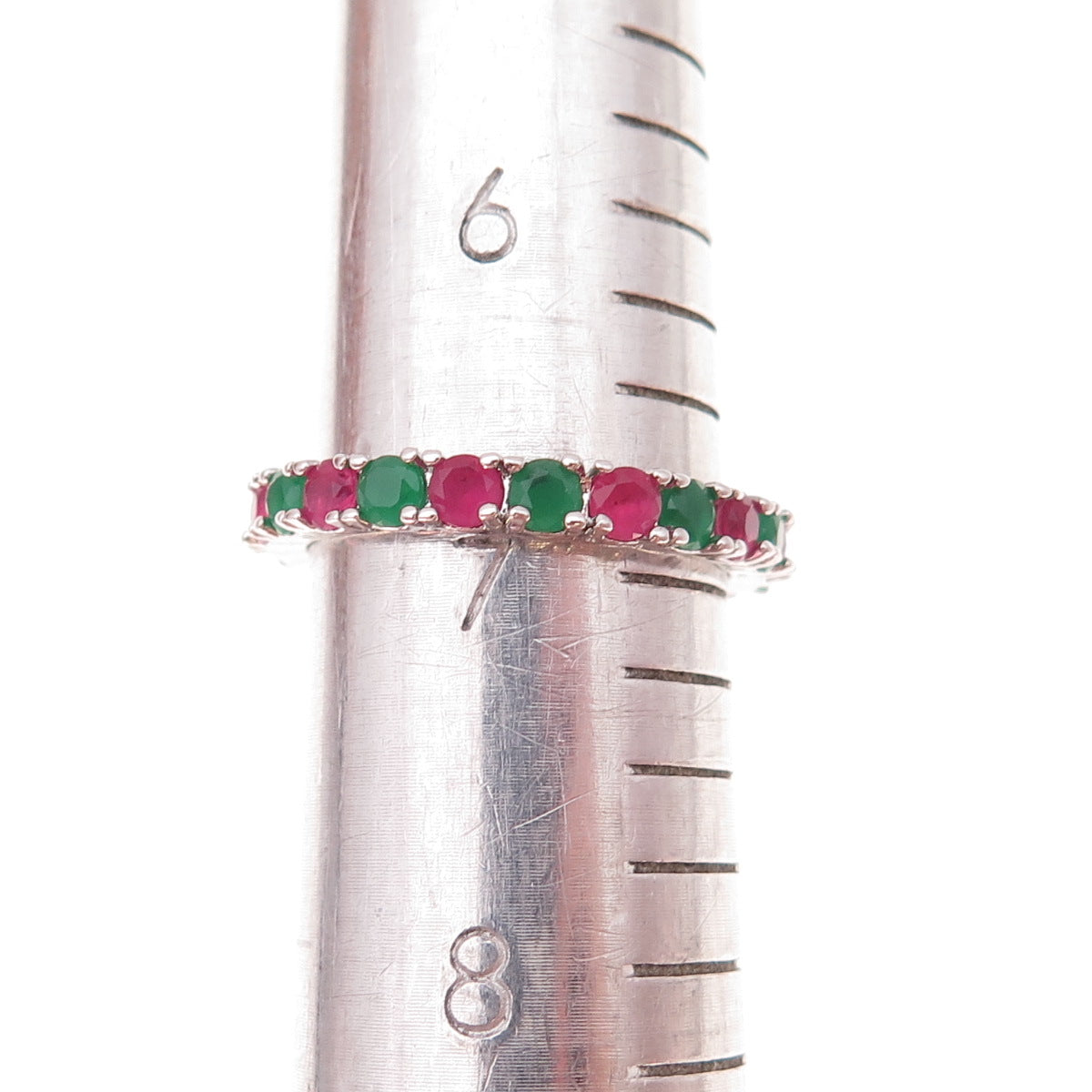 925 Sterling Silver Real Green & Pink Chalcedony Eternity Band Ring Size 7