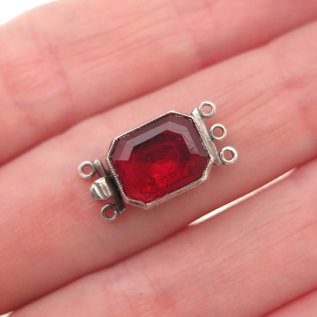 925 Sterling Silver Antique Art Deco Red Rhinestone Bracelet / Necklace Box Lock