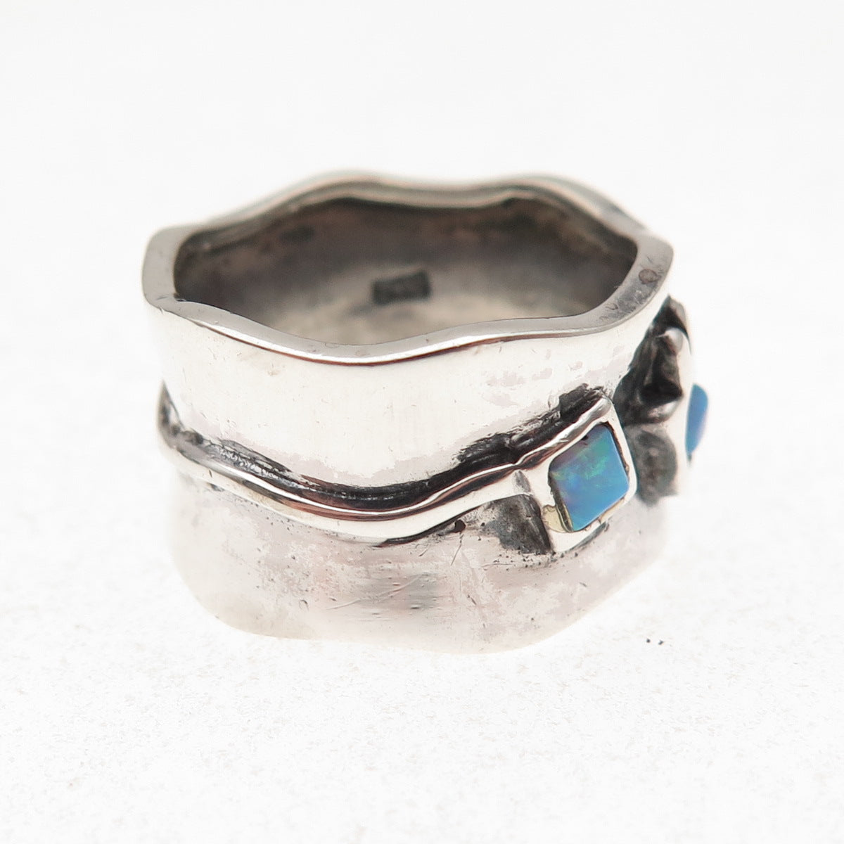 925 Sterling Silver Vintage Real Opal Hamsa Amulet Oxidized Ring Size 7.75