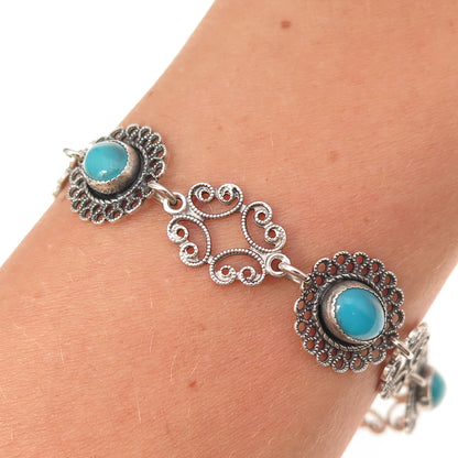 Beau 925 Sterling Silver Vintage Real Turquoise Filigree Oxidized Bracelet 7"