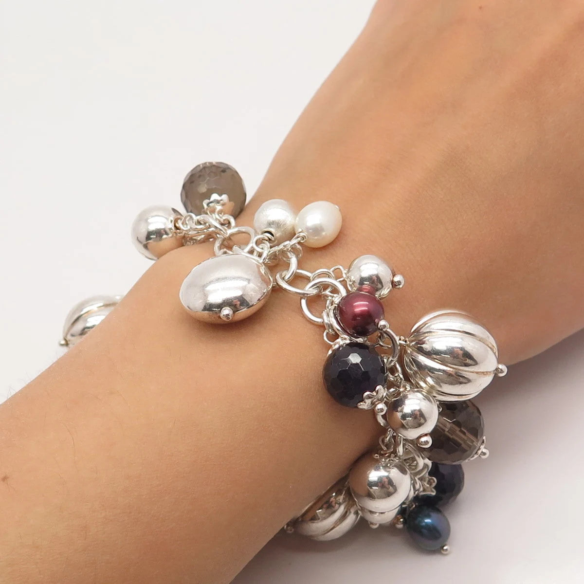925 Sterling Silver Vintage Real Pearl Smoky Quartz Amethyst Gem Bracelet 7.25"