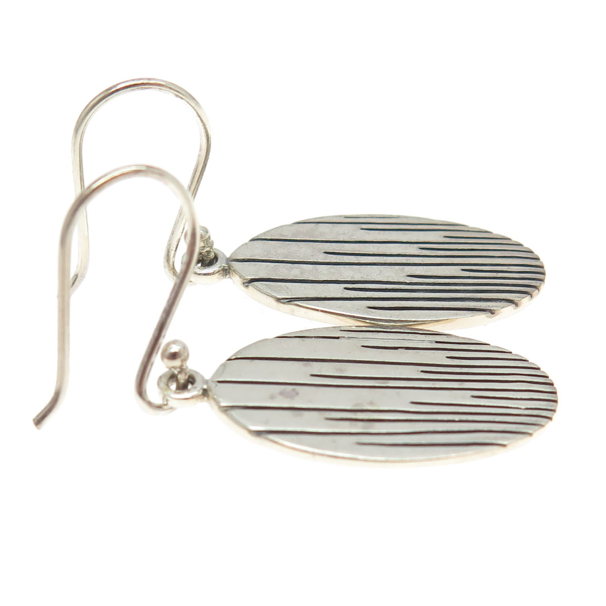 925 Sterling Silver Modernist Lined Oval Dangling Earrings