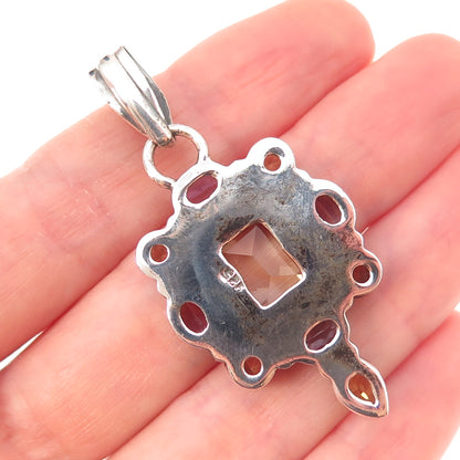 925 Sterling Silver Vintage Real Amethyst & Citrine Oxidized Pendant
