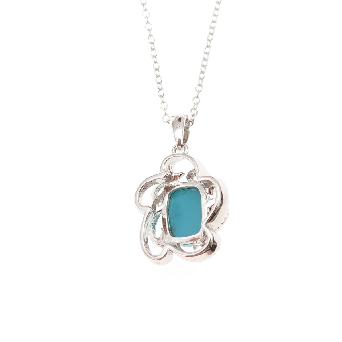 925 Sterling Silver Real Sleeping Beauty Turquoise Floral Chain Necklace 18"