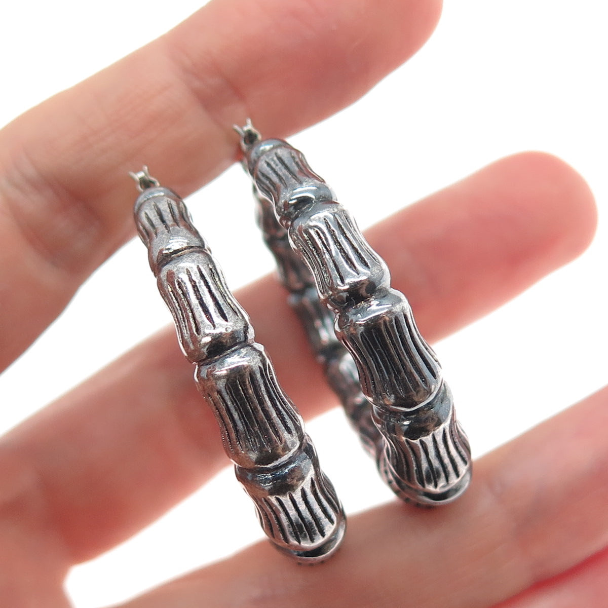 925 Sterling Silver Vintage Modernist Bamboo Oxidized Hoop Earrings
