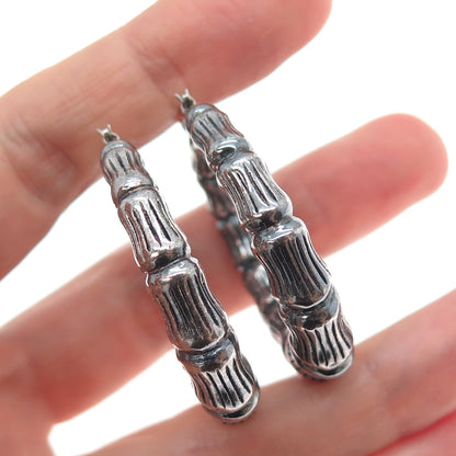 925 Sterling Silver Vintage Modernist Bamboo Oxidized Hoop Earrings