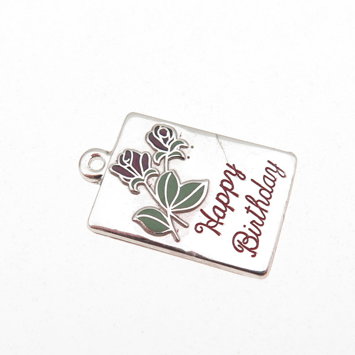 BEAU 925 Sterling Silver Vintage Enamel Happy Birthday Rose Mini Charm Pendant