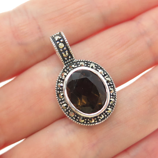 925 Sterling Silver Vintage Real Smoky Quartz Marcasite Minimalist Charm Pendant