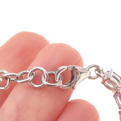 925 Sterling Silver Real Oval-Cut Tanzanite Tennis Link Bracelet 7-8"