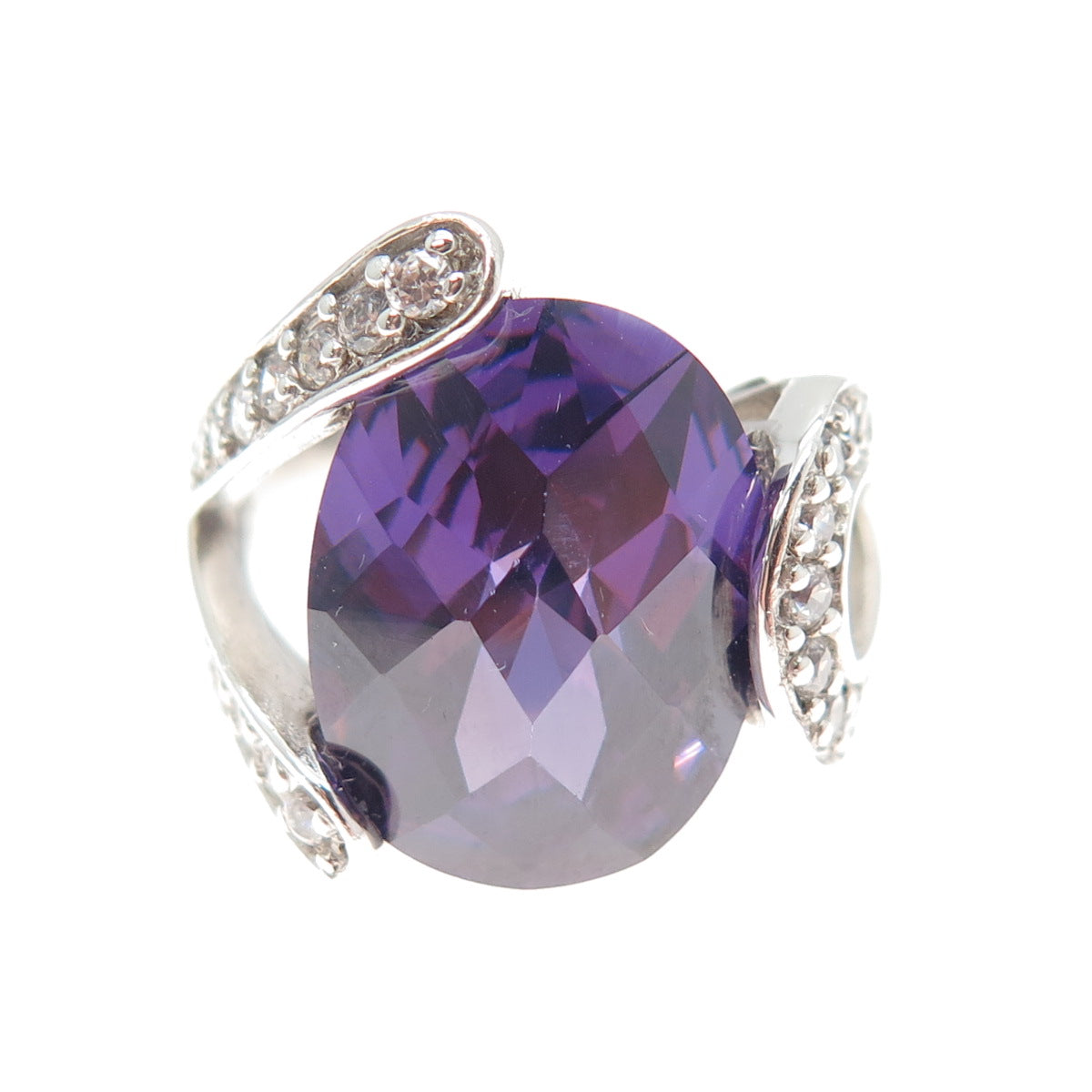 925 Sterling Silver Oval & Round-Cut Purple White C Z Overlap Ring Size 7.25
