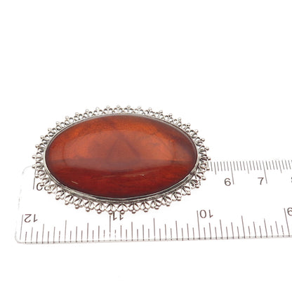 875 Silver Vintage Estonia Real Amber Sailboat Ornate Heart Bezel Pin Brooch