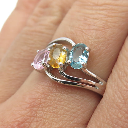 925 Sterling Silver Pink Amethyst Blue Topaz & Citrine Gemstone Ring Size 8.25