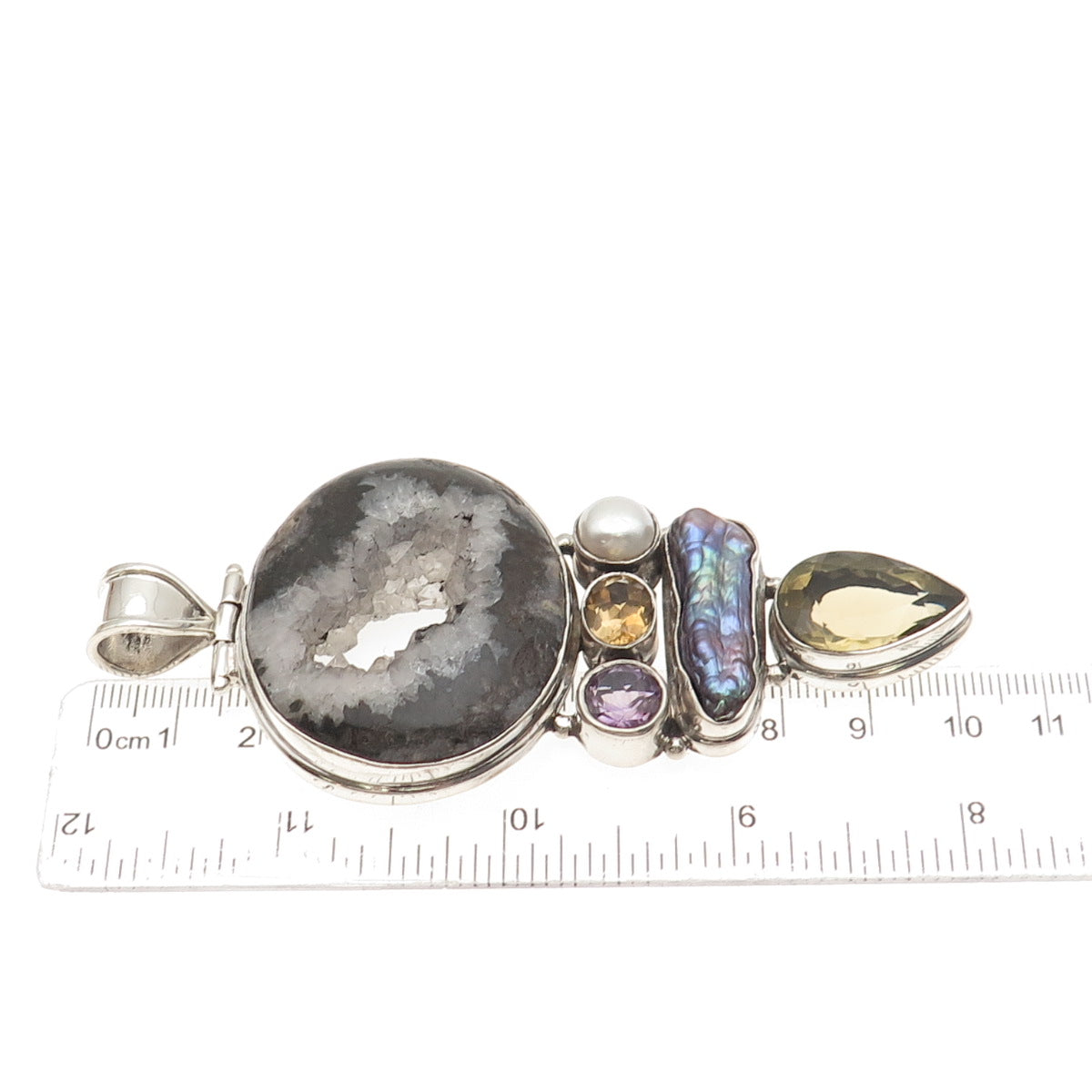 925 Sterling Vintage Agate Pearl Amethyst Citrine & Smoky Quartz Large Pendant