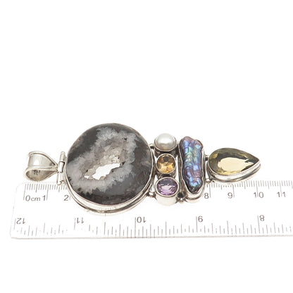 925 Sterling Vintage Agate Pearl Amethyst Citrine & Smoky Quartz Large Pendant