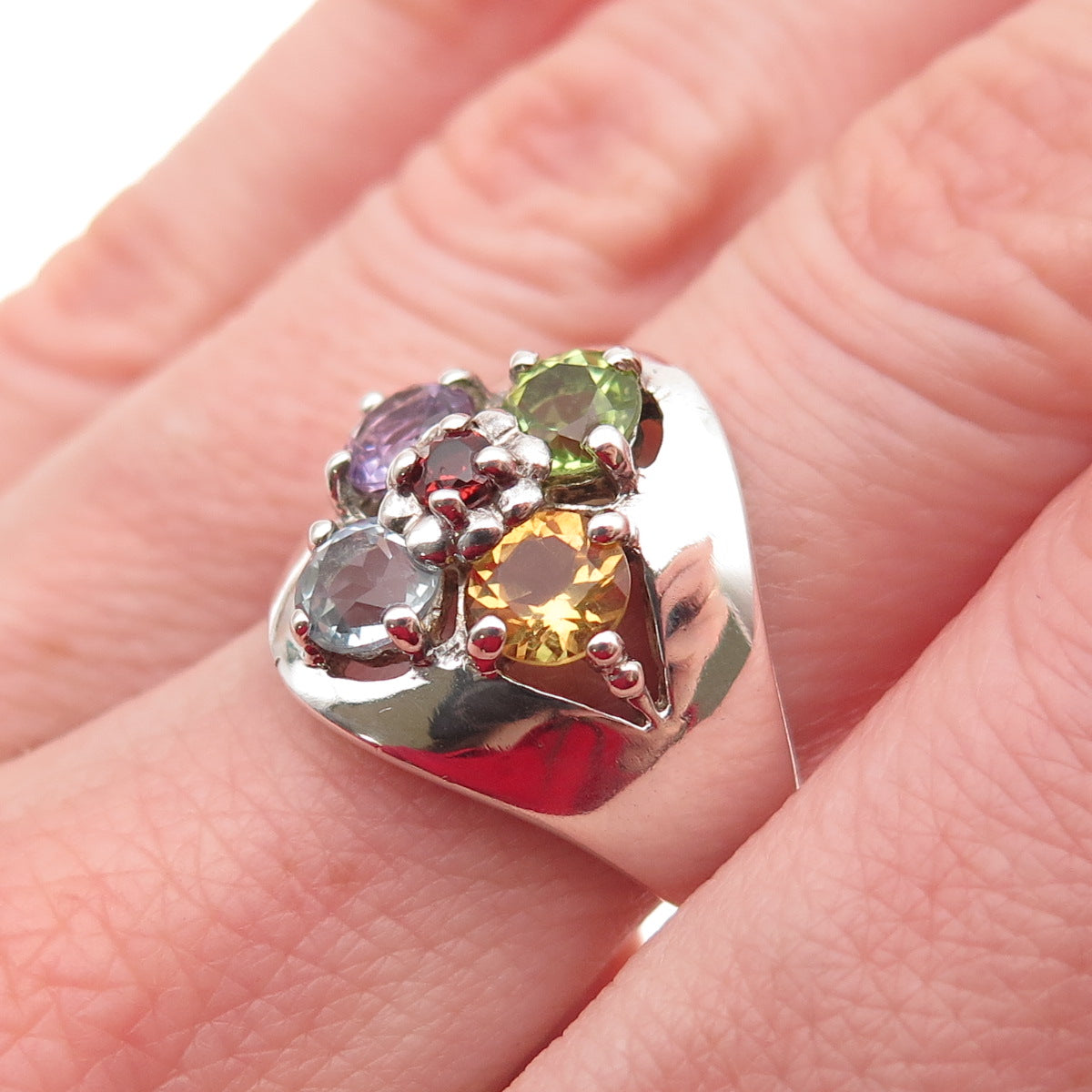 Pranda 925 Sterling Vintage Topaz Amethyst Peridot Citrine & Garnet Ring Size 7