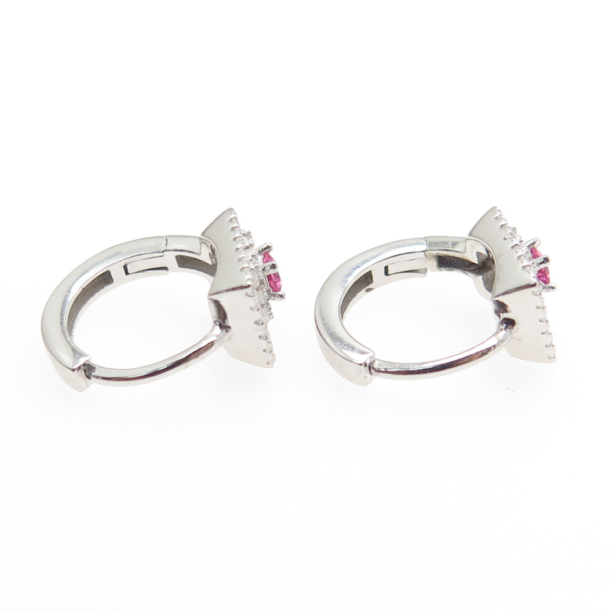 925 Sterling Silver Pink Princess-Cut & White Round-Cut Shaped C Z Hoop Earrings