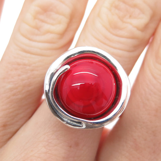 HAGIT GORALI 925 Sterling Vintage Israel Red Murano Glass Modernist Ring Size 7