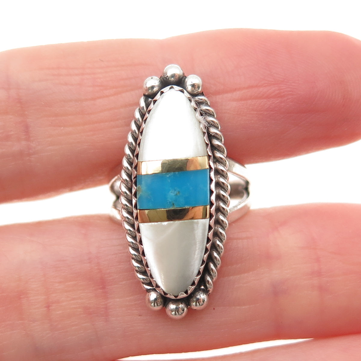 Jonathan Beyuka Zuni Old Pawn 925 Sterling 2-Tone Turquoise MOP Ring Size 4.75