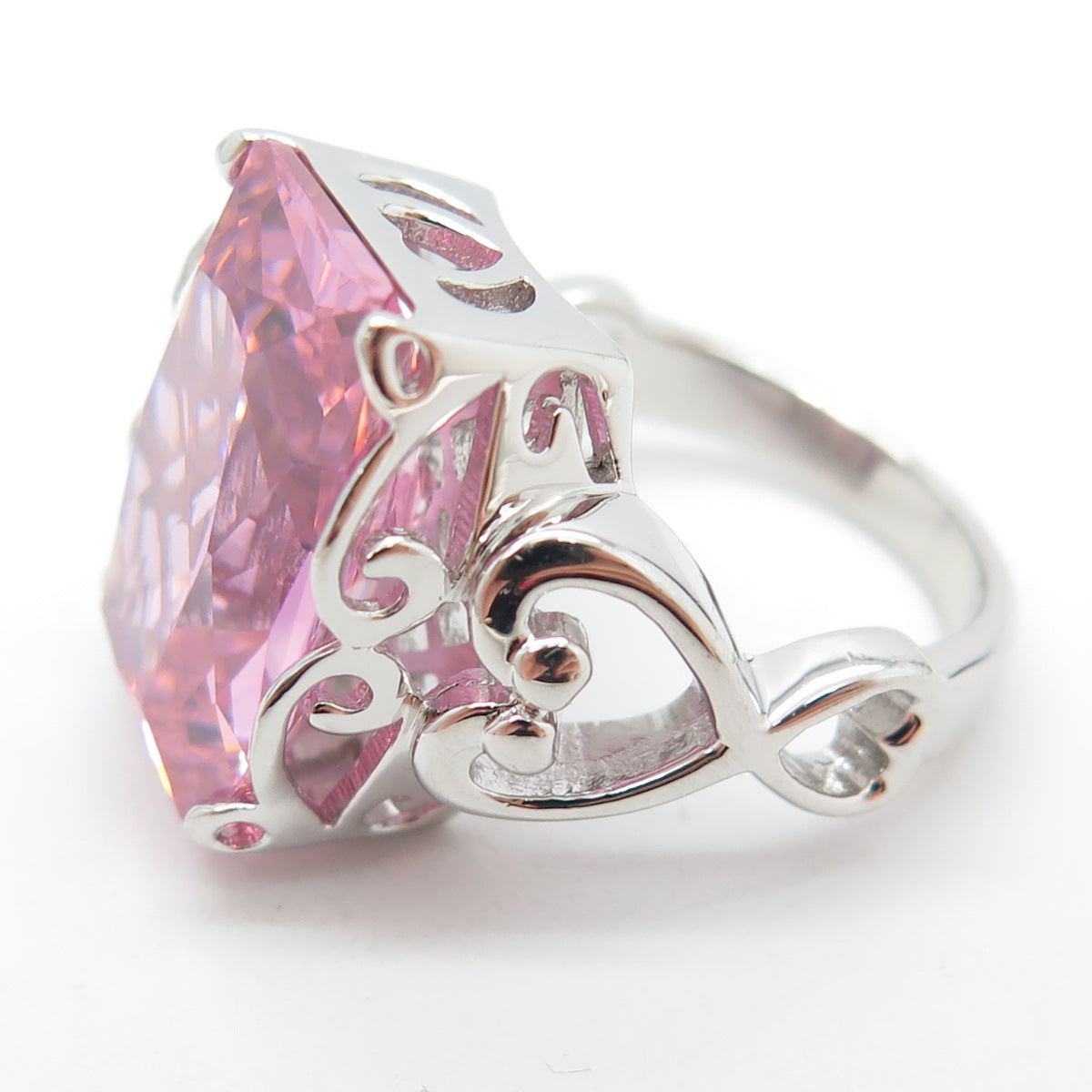 925 Sterling Silver Pink C Z Heart Ornate Statement Ring Size 7.5