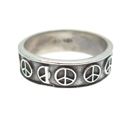 925 Sterling Silver Vintage Mexico Peace Symbol Oxidized Band Ring Size 12.25