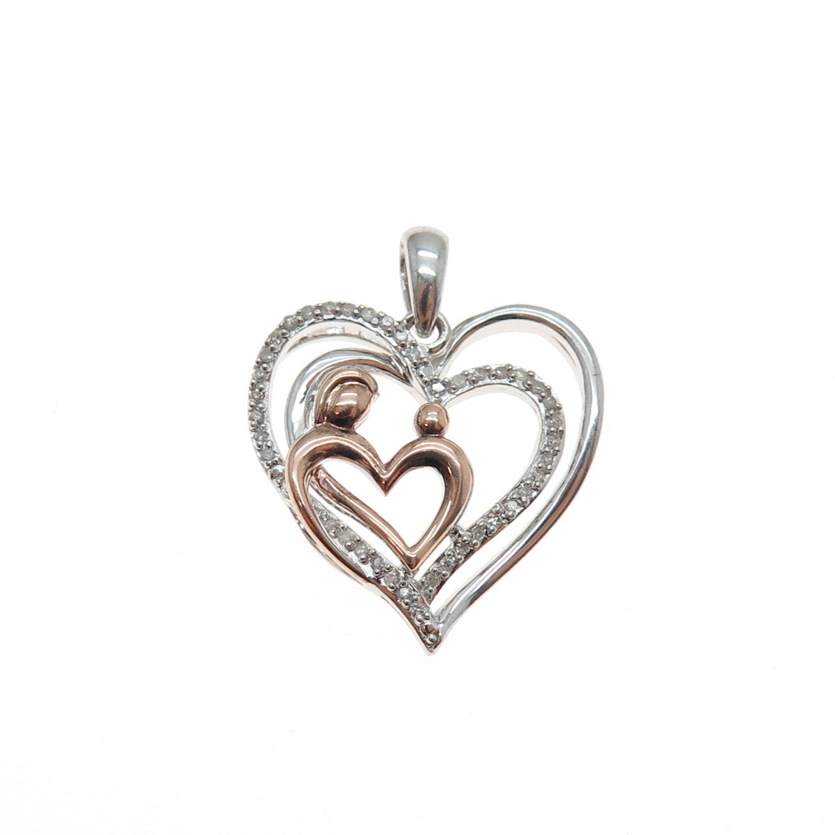 SUN 925 Sterling Silver 2-Tone Real Diamond Mom & Child Heart Charm Pendant