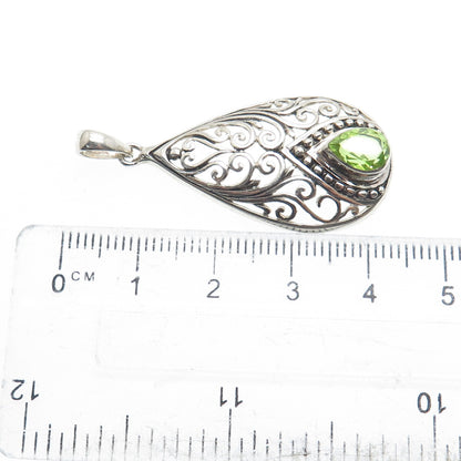 925 Sterling Silver Vintage GDS Real Pear-Cut Peridot Teardrop Ornate Pendant