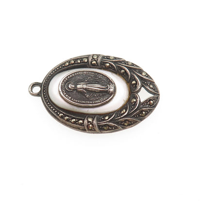 925 Sterling Silver Antique Art Deco Real MOP & Marcasite St. Mary Charm Pendant