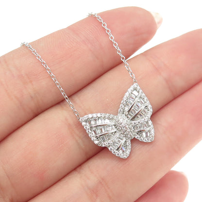 925 Sterling Silver Baguette & Round-Cut C Z Butterfly Station Necklace 16-18"