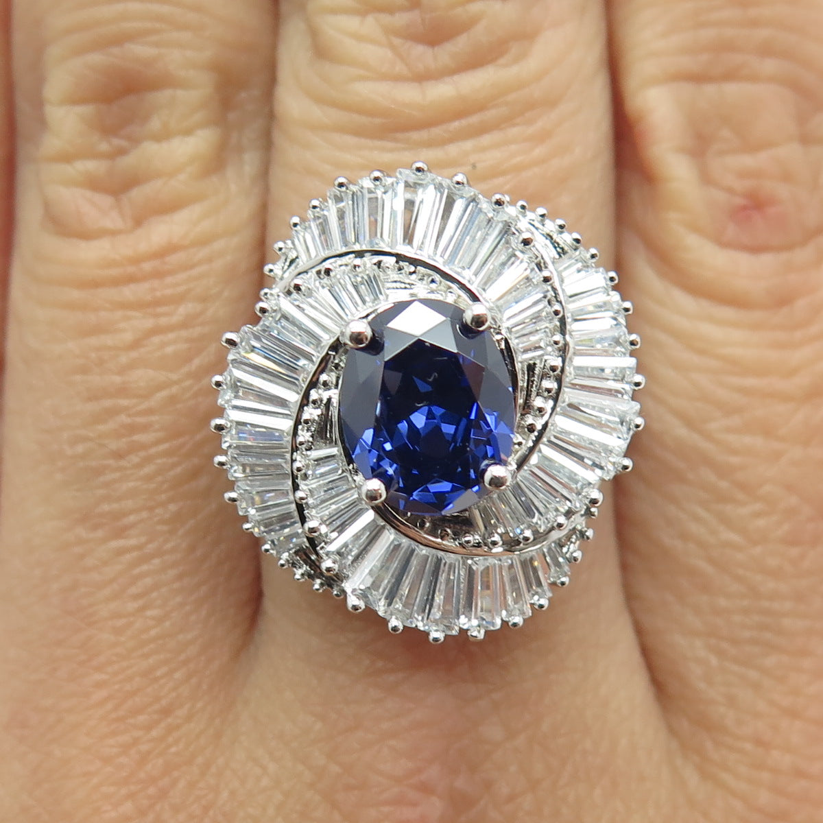 925 Sterling Silver Nano Sapphire Tapered Baguette-Cut Shaped C Z Ring Size 8.25