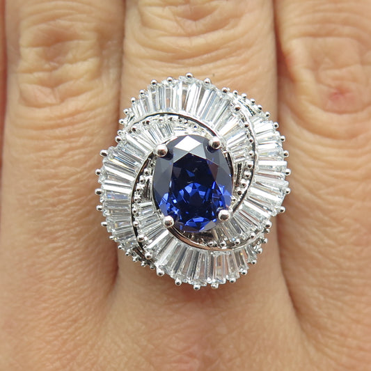 925 Sterling Silver Nano Sapphire Tapered Baguette-Cut Shaped C Z Ring Size 8.25