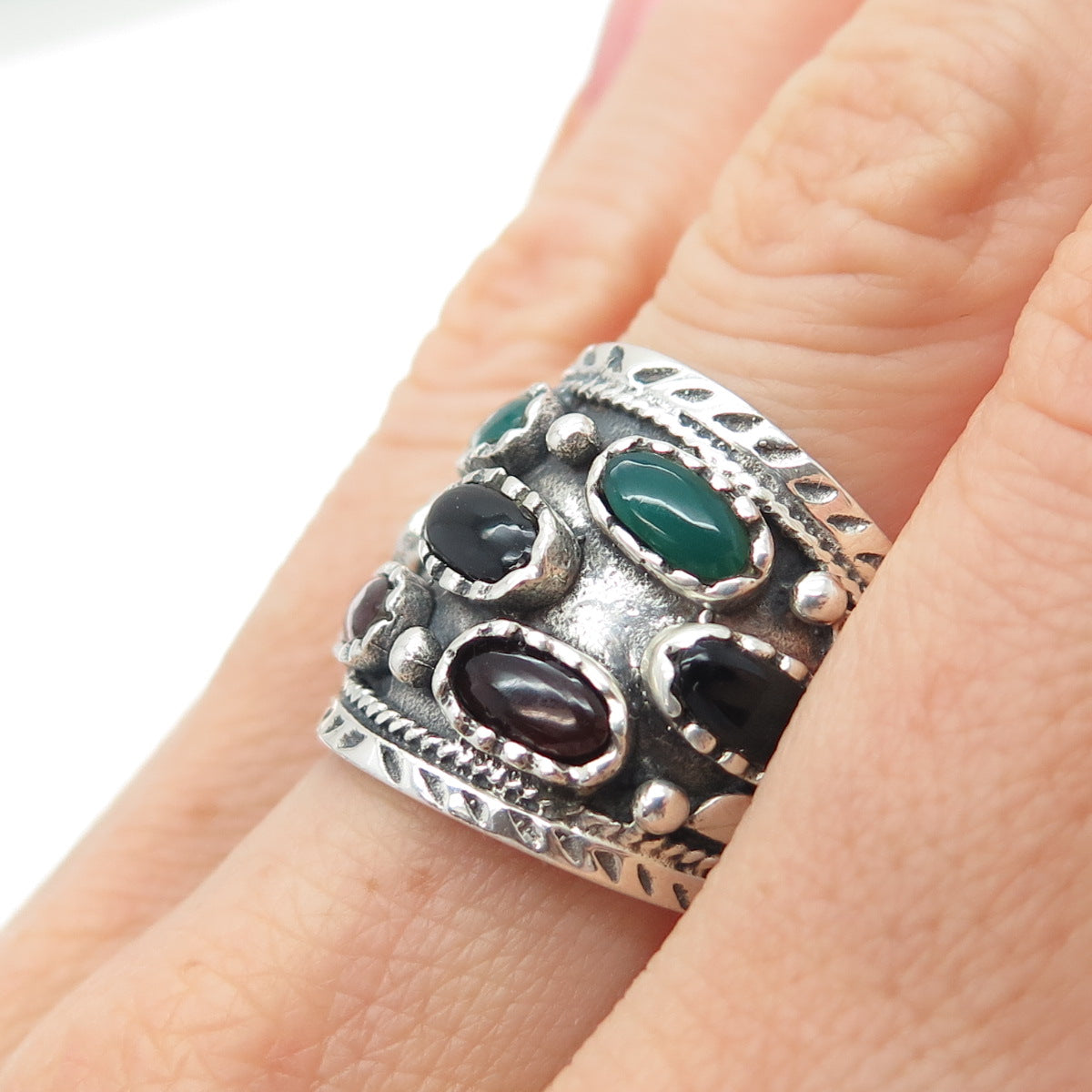 925 Sterling Silver Vintage Real Black & Green Onyx Carnelian Ring Size 9.25