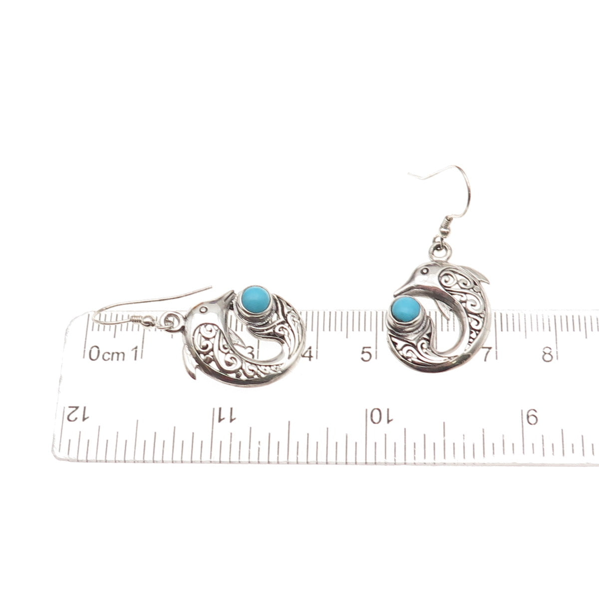 925 Sterling Silver Real Sleeping Beauty Turquoise Dolphin Dangle Earrings