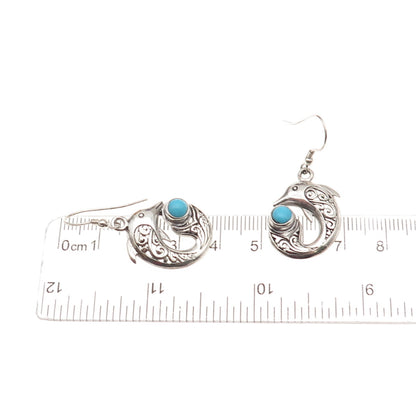 925 Sterling Silver Real Sleeping Beauty Turquoise Dolphin Dangle Earrings
