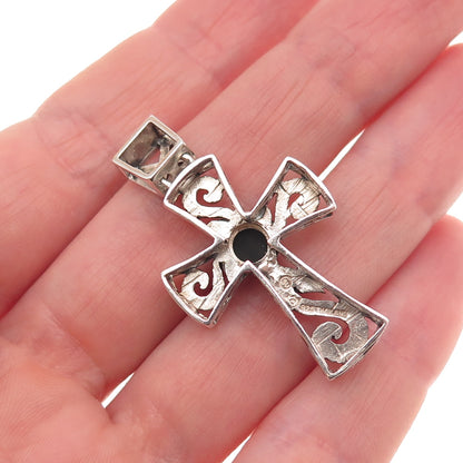 925 Sterling Silver Vintage Real Black Onyx Spiral Cross Charm Pendant